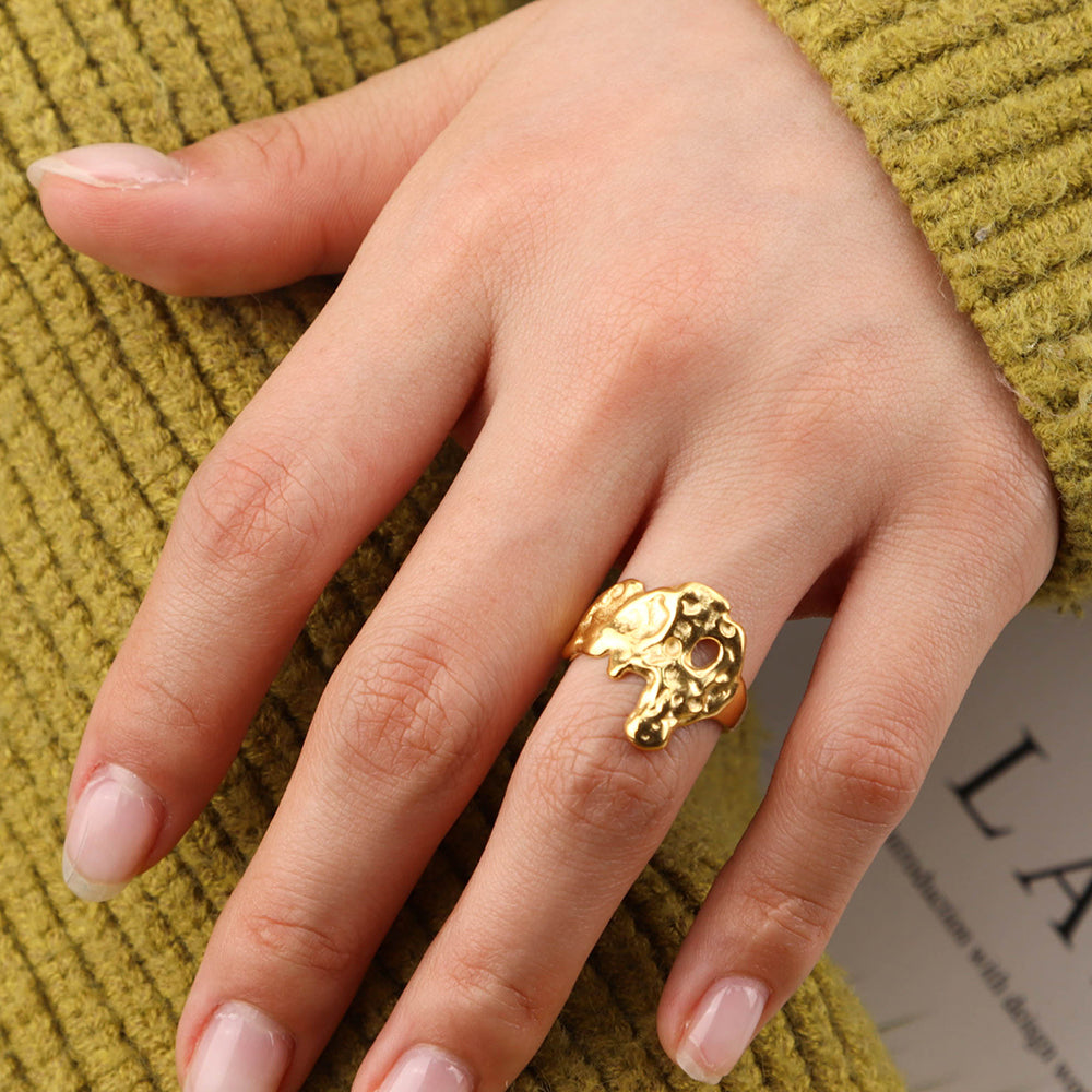Wide Waterproof Hammered Bumpy Open Ring Lava Textured Concave Convex Surface Ring - PVD 18k Gold Plated 316L Stainless Steel_R025-R027