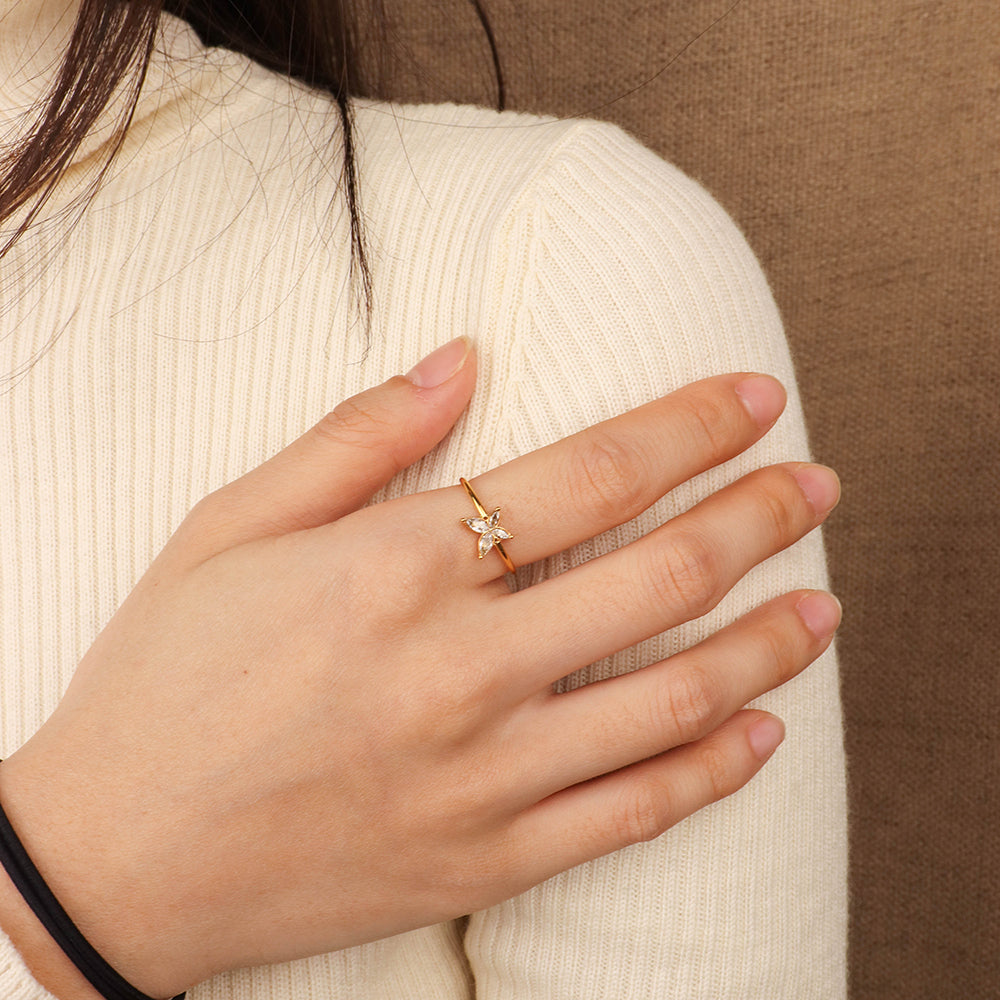Butterfly Marquise Zircon Thin Finger Ring - 18K PVD Gold Plated 316L Stainless Steel - R069