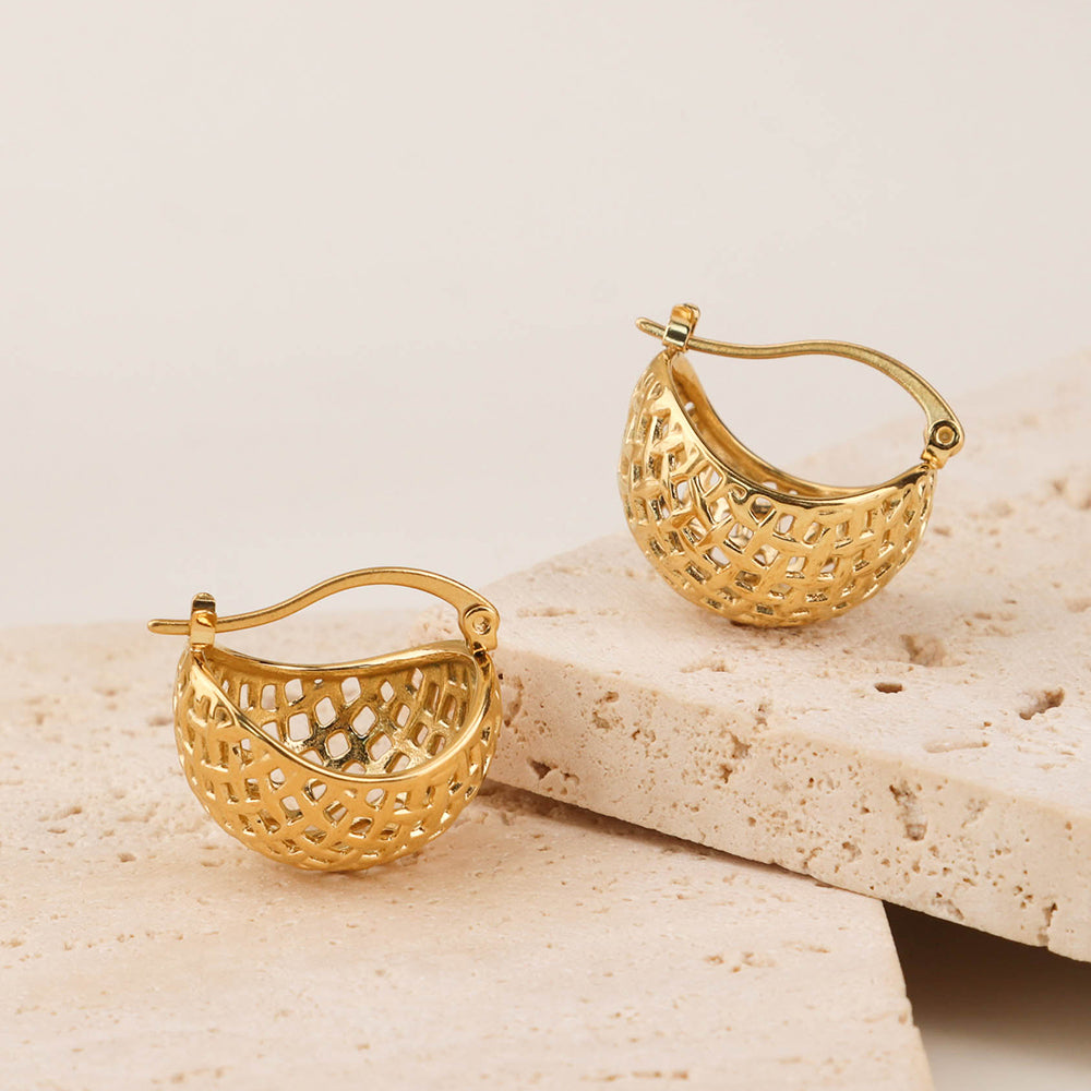 Hollow Net Rope Chunky Hoop Earring - PVD 18k Gold Plated 316L Stainless Steel_E013