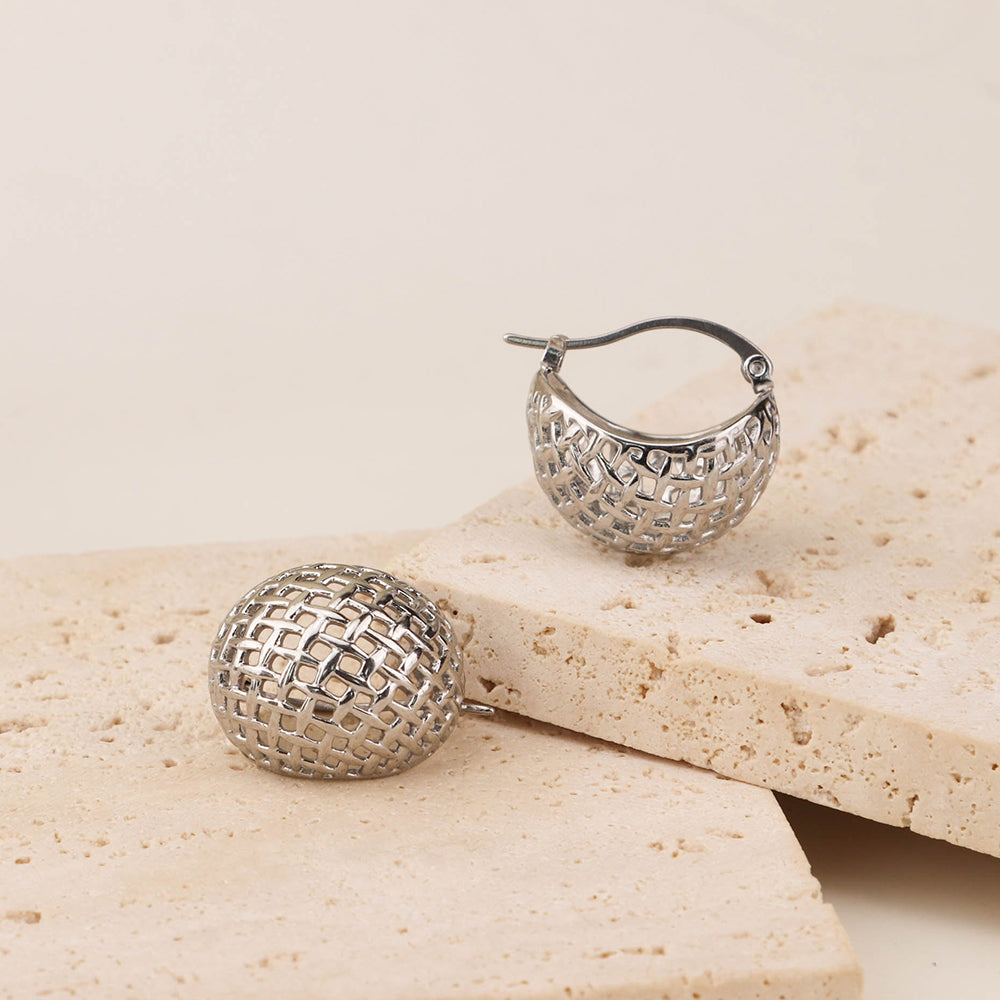 Hollow Net Rope Chunky Hoop Earring - Silver 316L Stainless Steel_E014