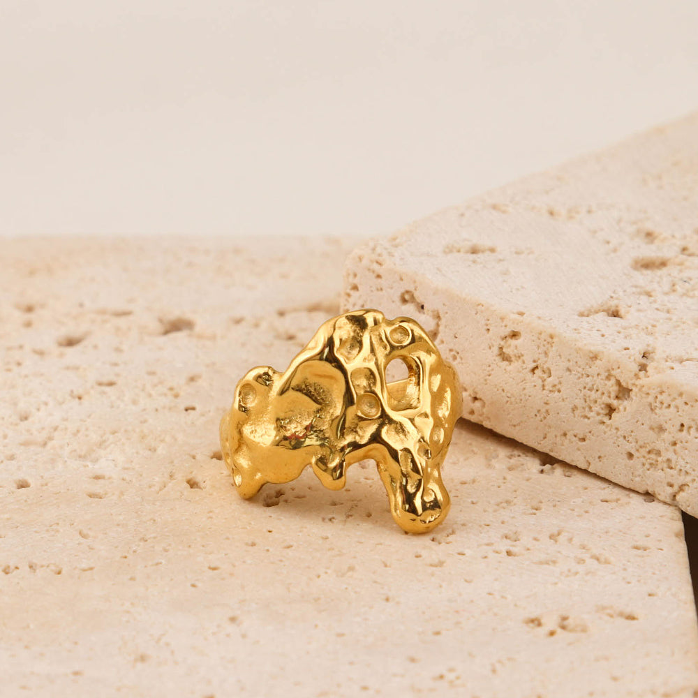 Wide Waterproof Hammered Bumpy Open Ring Lava Textured Concave Convex Surface Ring - PVD 18k Gold Plated 316L Stainless Steel_R025-R027