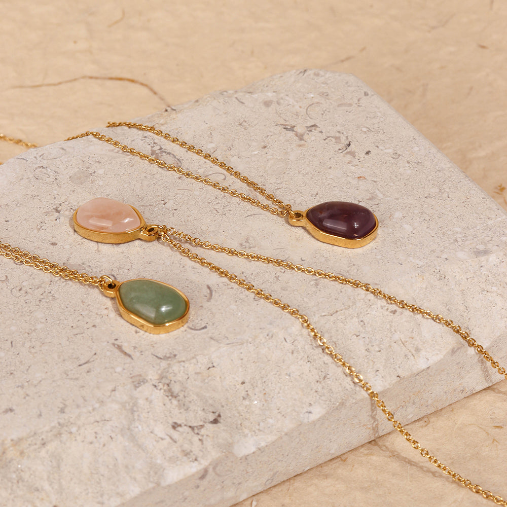 Natural Crystal Pendant Necklace - PVD 18k Gold Plated 316L Stainless Steel_N018-N020