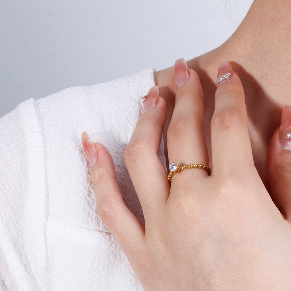 Beaded Solitaire Zircon Rings - PVD 18k Gold Plated 316L Stainless Steel_R031-R033