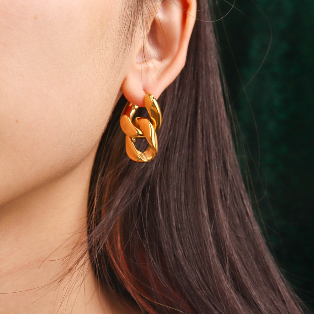 Minimalist Tassel Chunky Cuban Dual-loop Chain Earrings - PVD 18k Gold Plated 316L Stainless Steel_E006