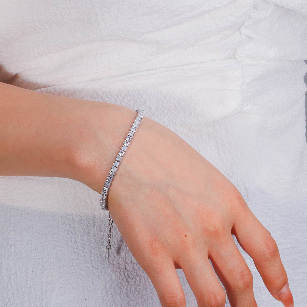 Bejeweled Princess Cut Cz Chain square Shape Zircon Tennis Bracelet - Silver 316L Stainless Steel with PVD Plating-B016