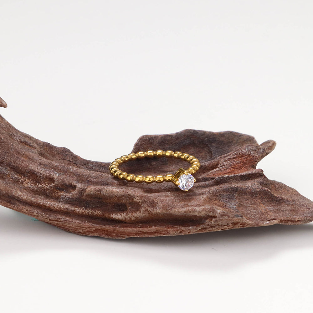 Beaded Solitaire Zircon Rings - PVD 18k Gold Plated 316L Stainless Steel_R031-R033