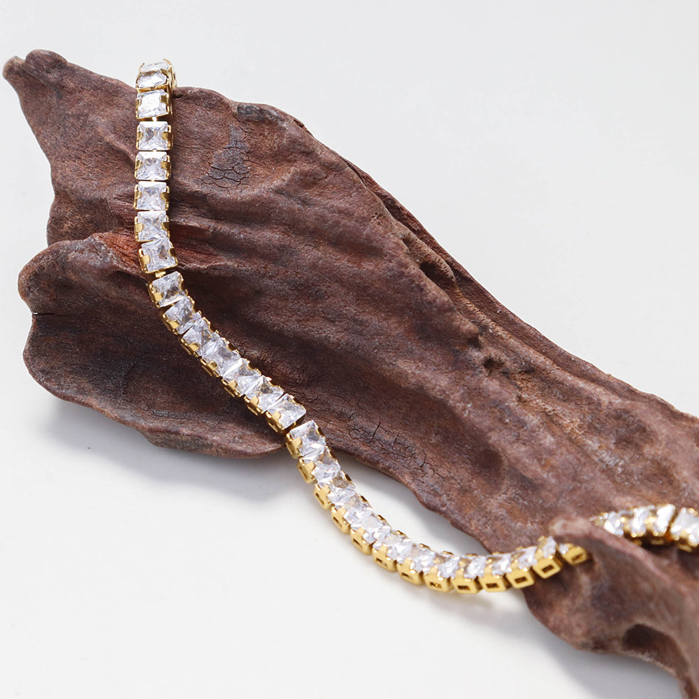 Bejeweled Princess Cut Cz Chain square Shape Zircon Tennis Bracelet - PVD 18k Gold Plated 316L Stainless Steel_B015