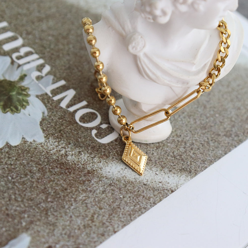 Simple Plated Bohemian Rhombus Stitching Round Bead Bracelet - PVD 18k Gold Plated 316L Stainless Steel_B001