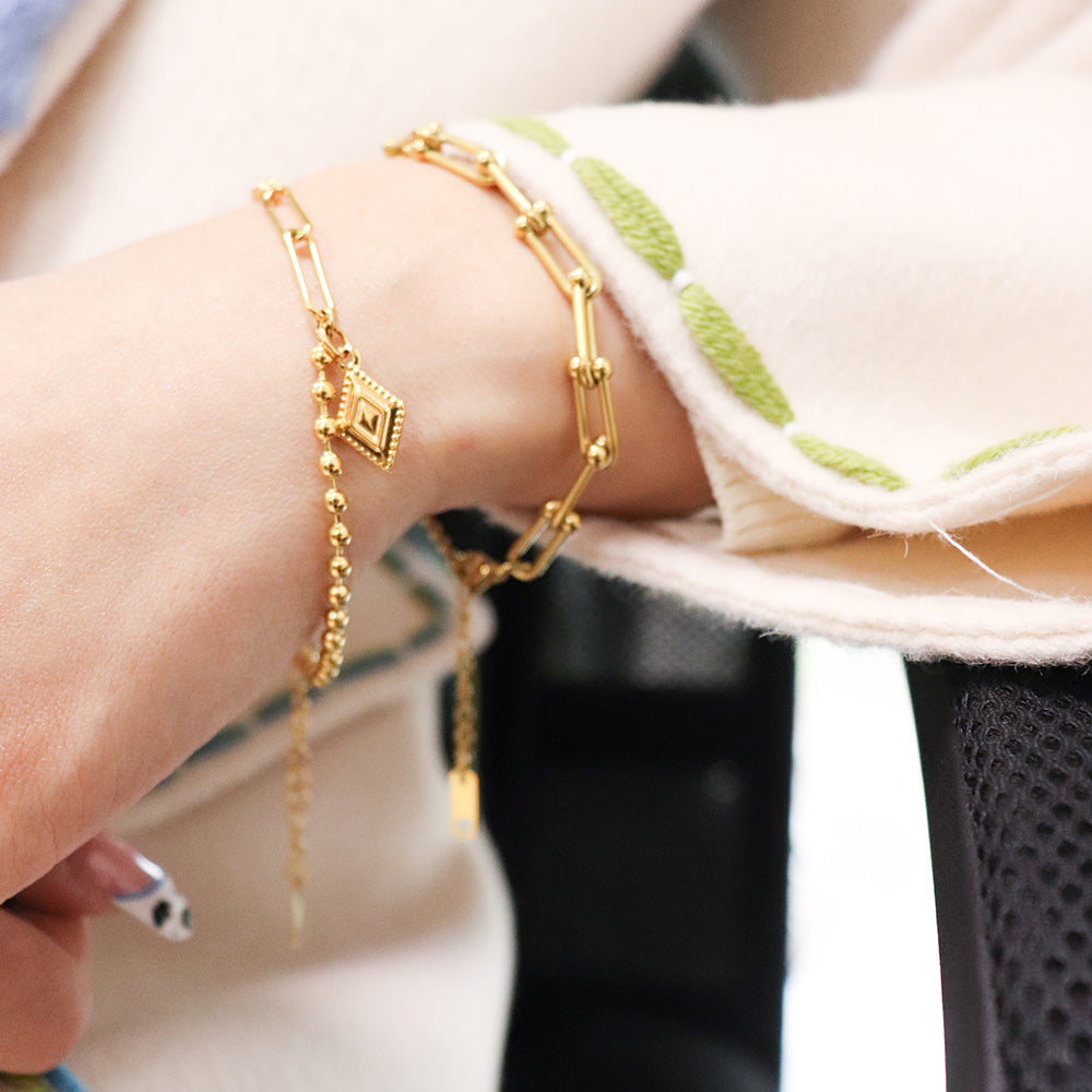 Simple Plated Bohemian Rhombus Stitching Round Bead Bracelet - PVD 18k Gold Plated 316L Stainless Steel_B001