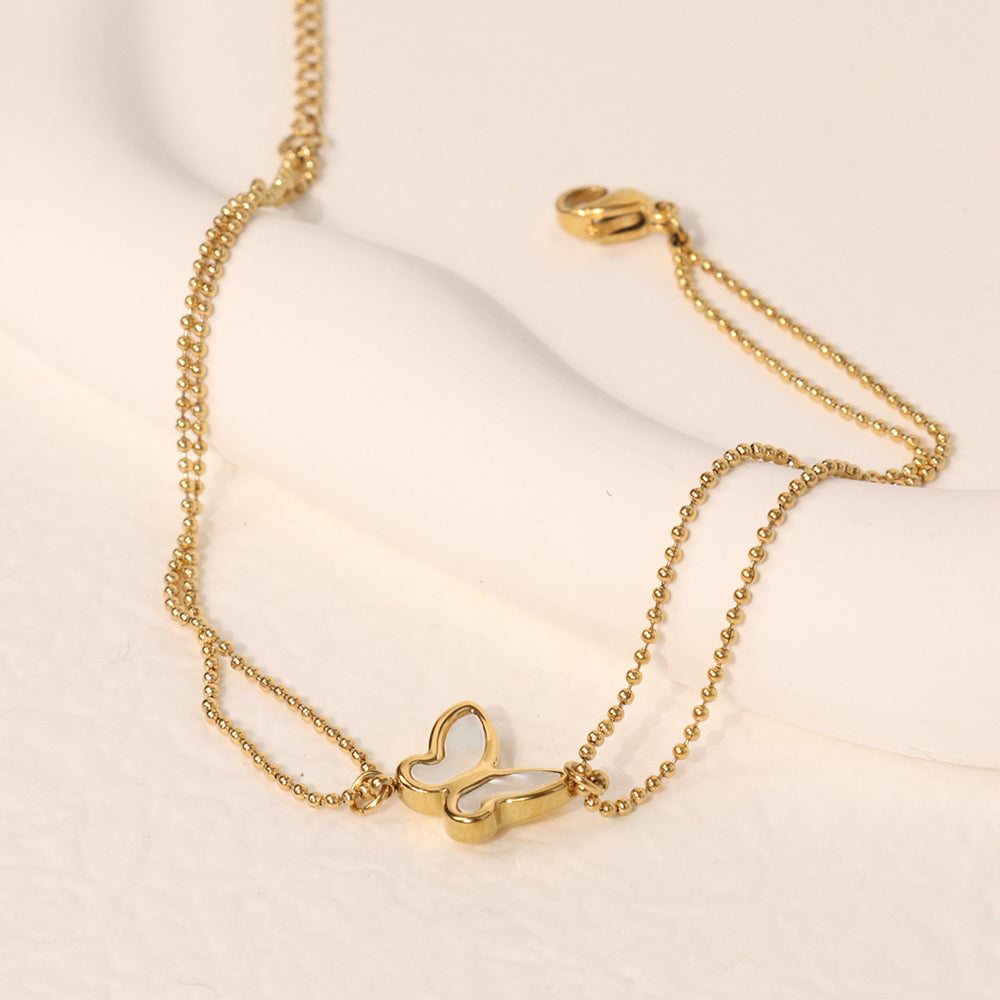 Shell butterfly Double Layers Beads Charm Chain Anklet - PVD 18k Gold Plated 316L Stainless Steel_A007