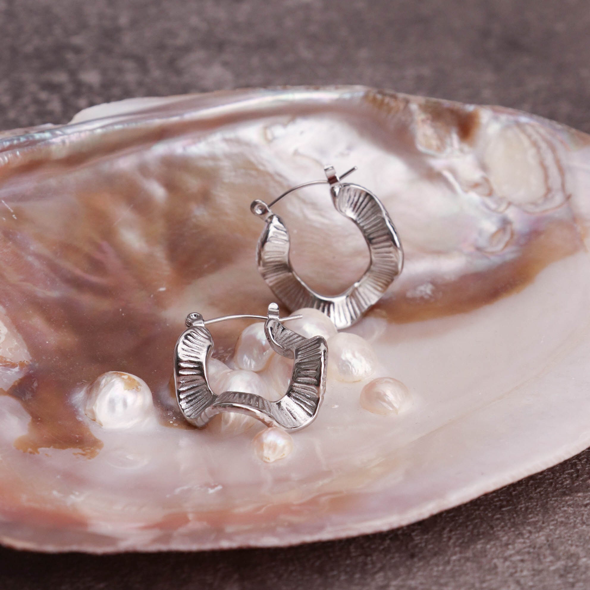 Irregular C Shape Swaying Skirt Hoops Earrings - Silver 316L Stainless Steel  with PVD Plating_E008