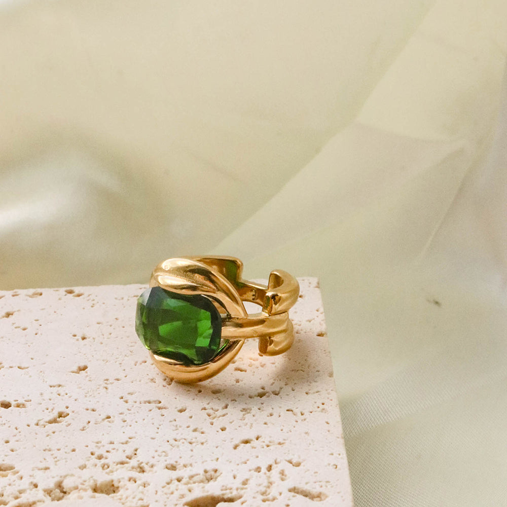 Zircon Emerald Gemstone Chain Ring - PVD 18k Gold Plated 316L Stainless_R004-R006