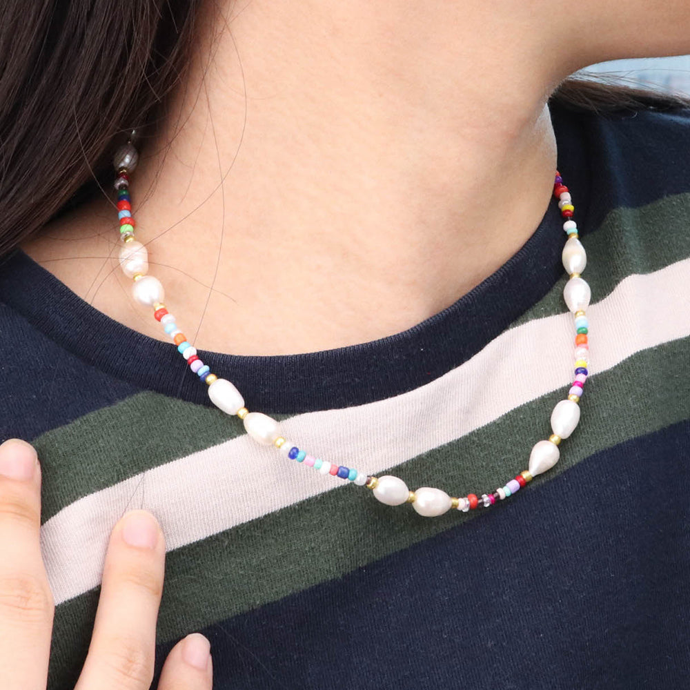 Freshwater Pearls Beads Chain Necklace - PVD 18k Gold Plated 316L Stainless Steel_N006