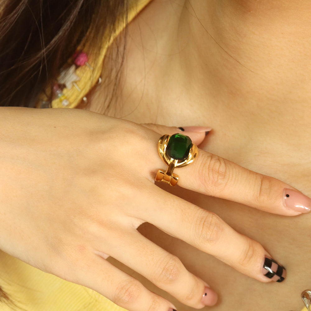 Zircon Emerald Gemstone Chain Ring - PVD 18k Gold Plated 316L Stainless_R004-R006