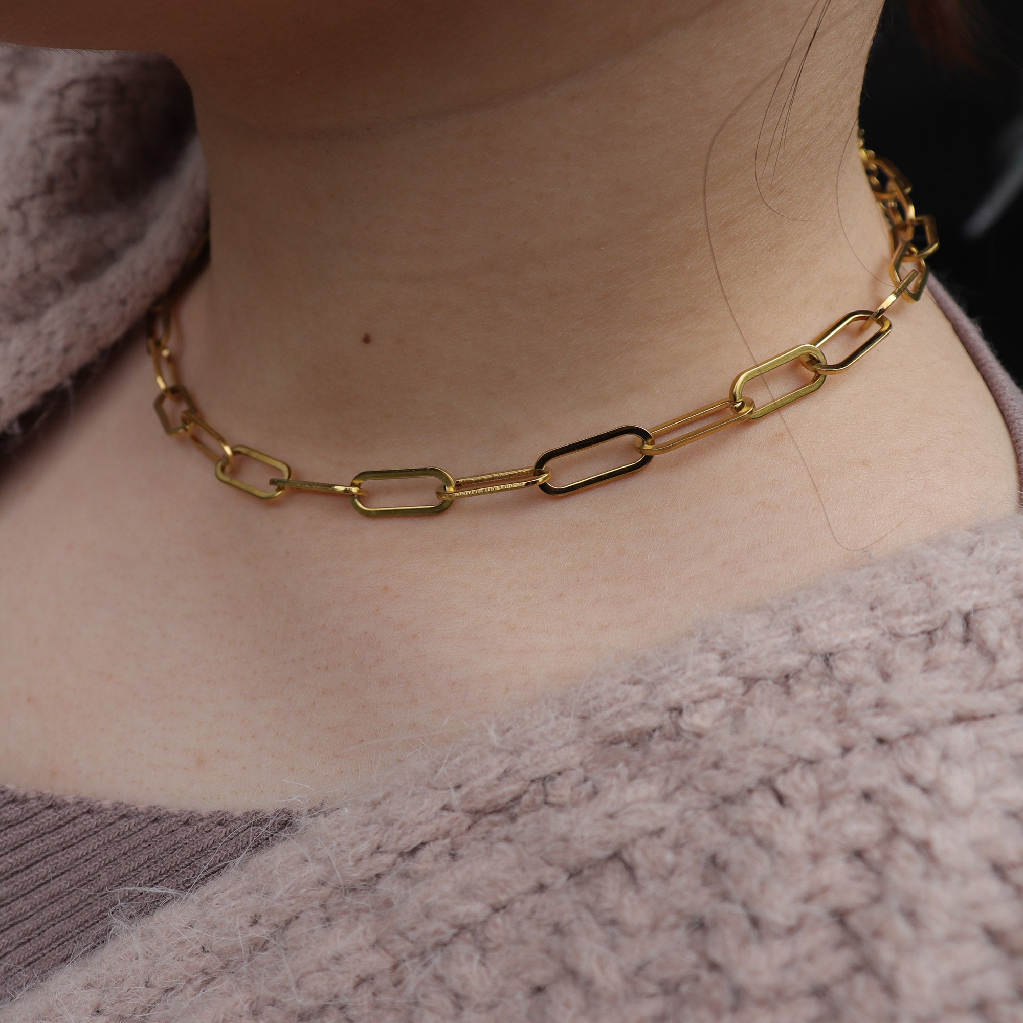 Link Chain Choker Necklace - PVD 18k Gold Plated 316L Stainless Steel_N001