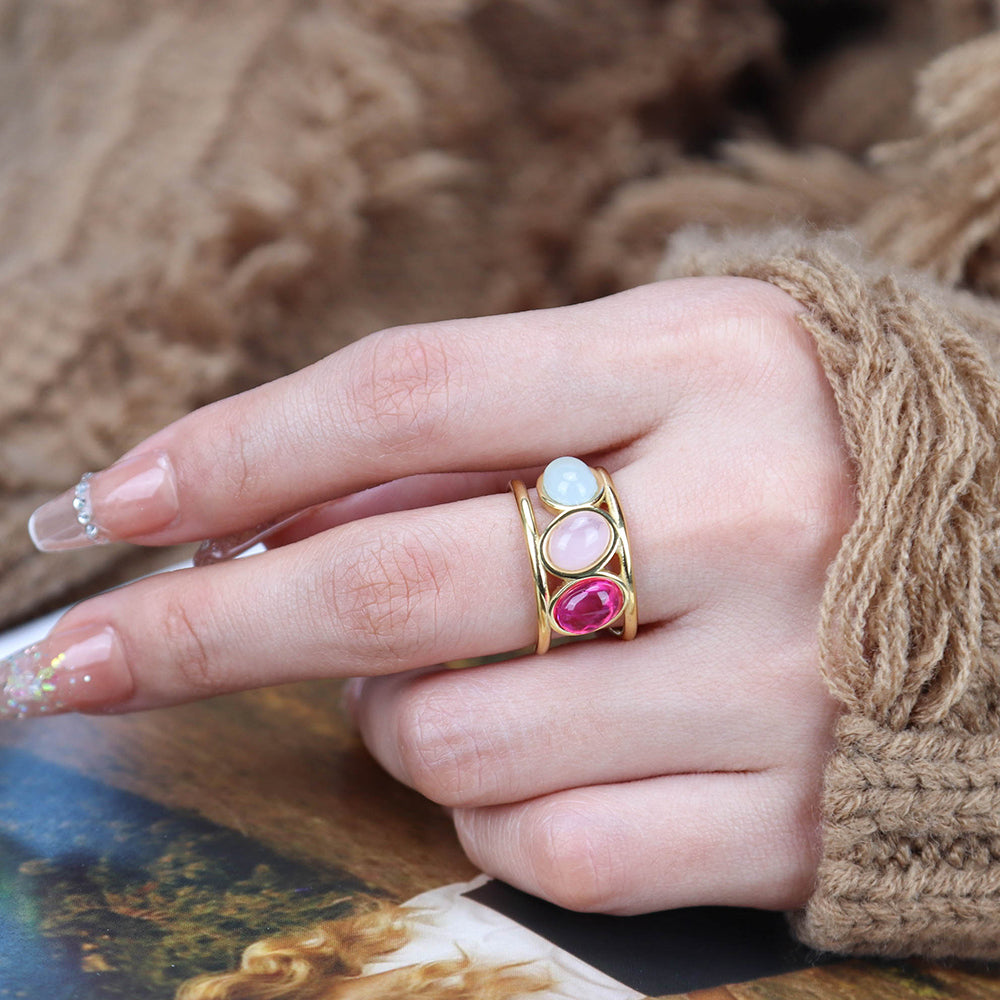 Band Ring Gold Colorful Gems Hollowed-out Chunky Rings - PVD 18k Gold Plated 316L Stainless Steel_R021