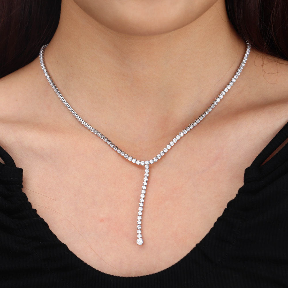 Shape Tassel Tennis Chain Bejeweled Choker Necklace - Silver 316L Stainless Steel with PVD Plating_N005