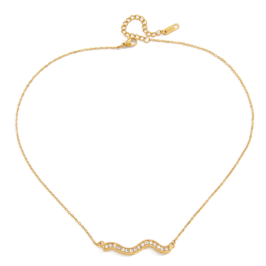 Wave Chain Sparkling Zirconia Minimalist Choker Necklace - PVD18K Gold Plated 316L Stainless Steel_N053