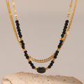 Three Layers Black Natural Stone Bead Necklace - PVD18K Gold Plated 316L Stainless Steel_N052