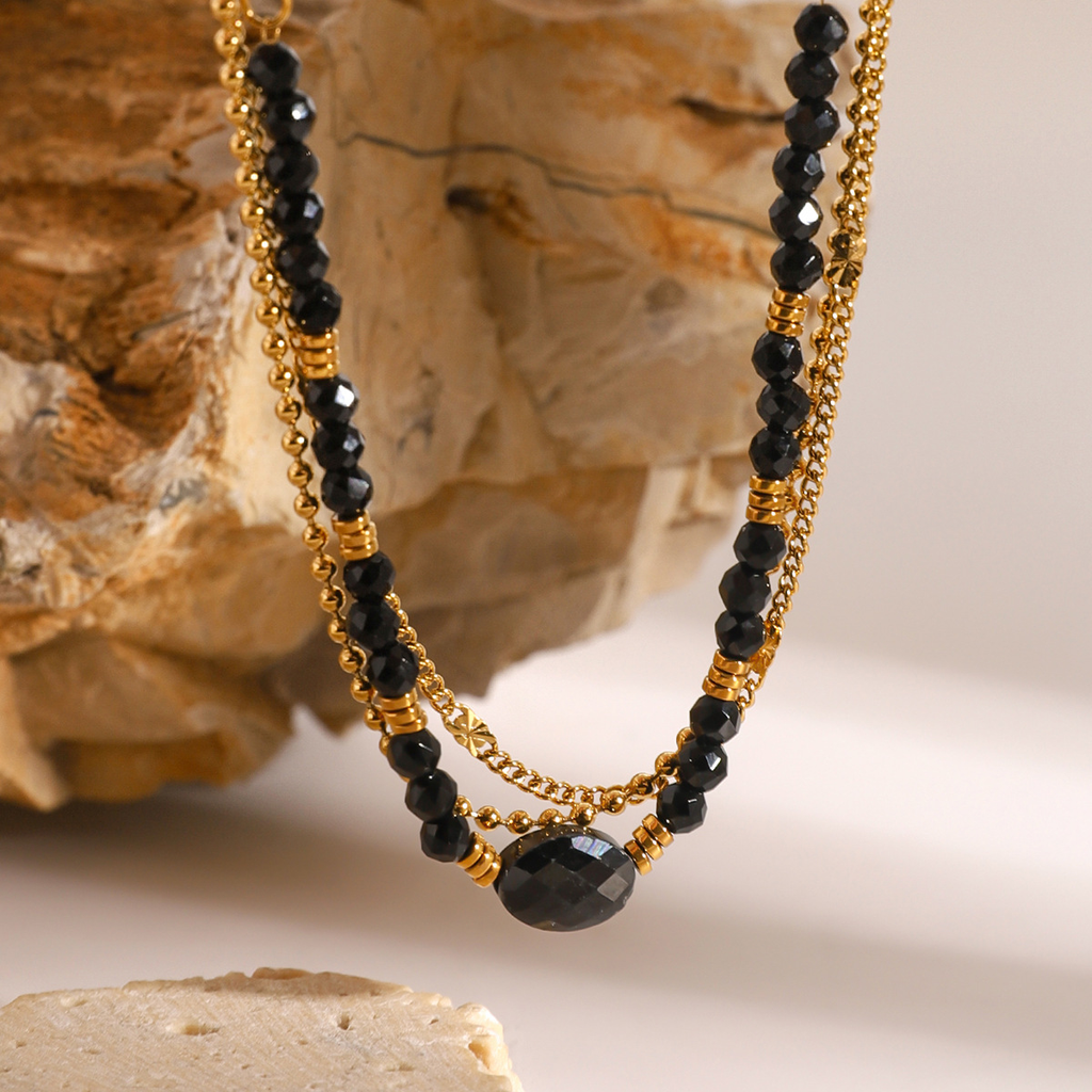 Three Layers Black Natural Stone Bead Necklace - PVD18K Gold Plated 316L Stainless Steel_N052