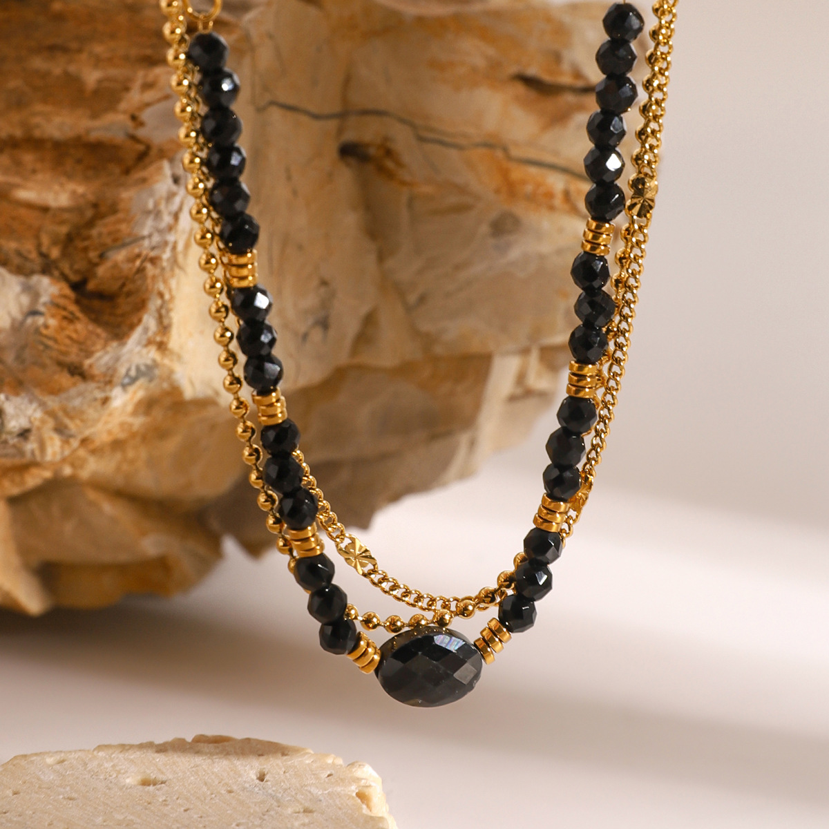 Three Layers Black Natural Stone Bead Necklace - PVD18K Gold Plated 316L Stainless Steel_N052