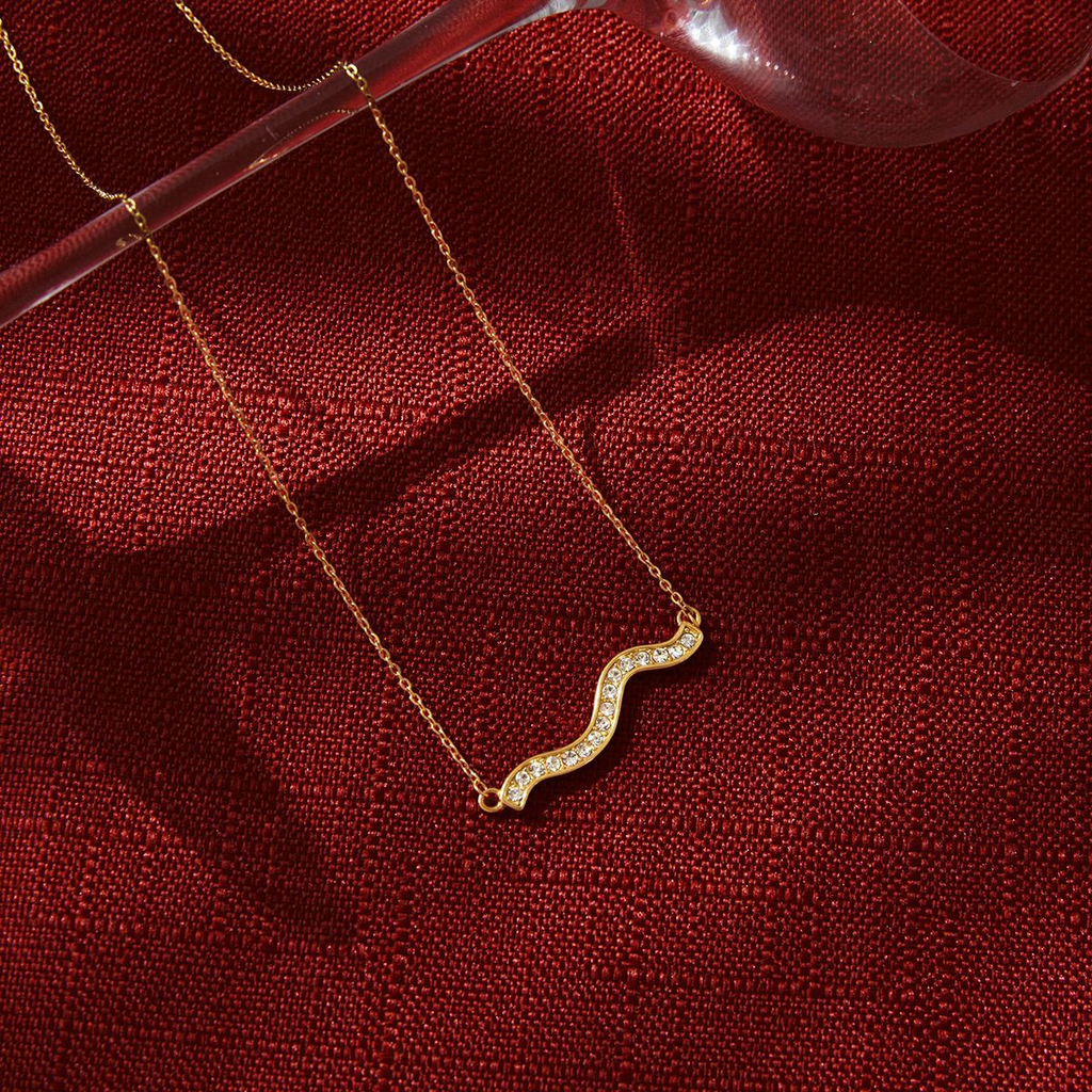 Wave Chain Sparkling Zirconia Minimalist Choker Necklace - PVD18K Gold Plated 316L Stainless Steel_N053