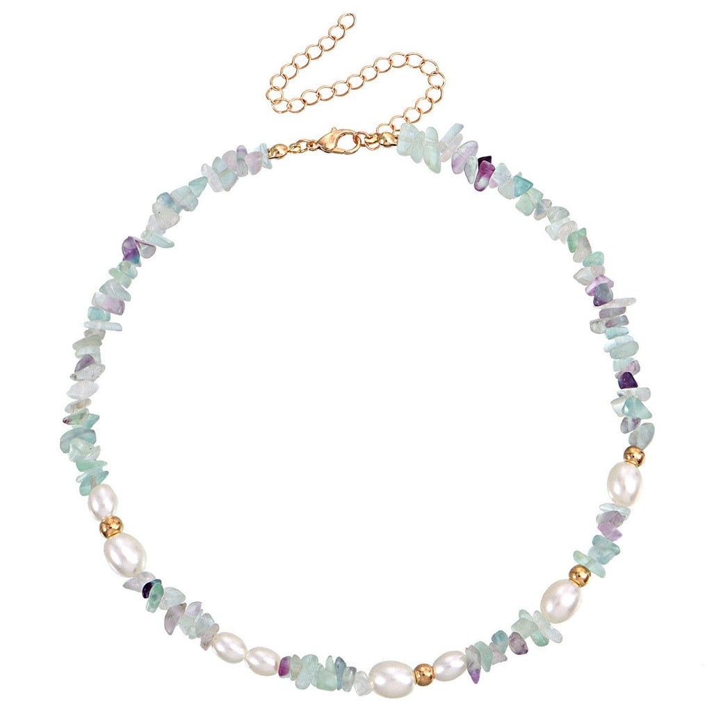 White Crystal Natural Stone and Natural Pearl Necklace_N070
