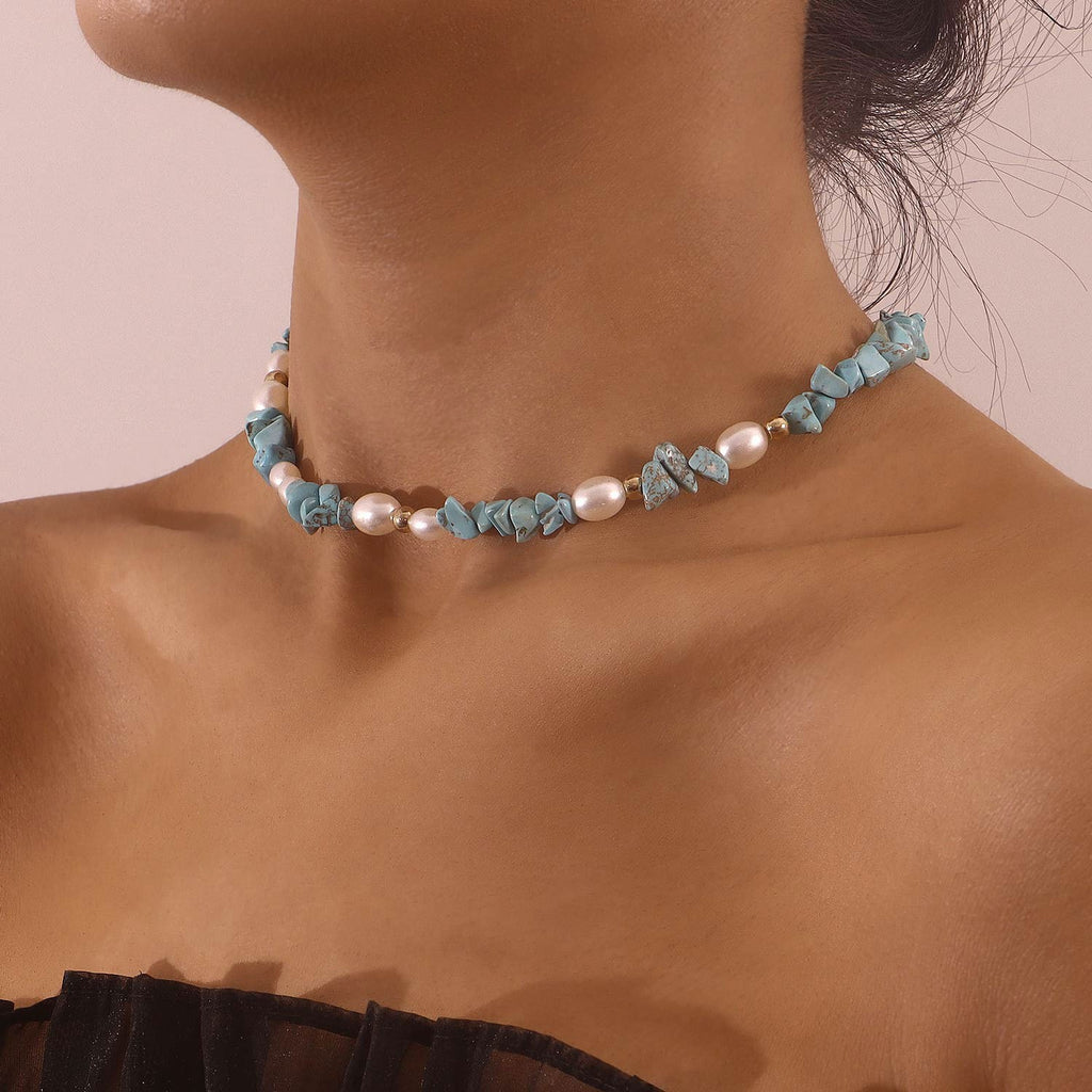 Blue Turquoise Natural Stone and Natural Pearl Necklace_N069