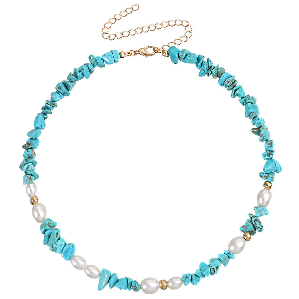 Blue Turquoise Natural Stone and Natural Pearl Necklace_N069