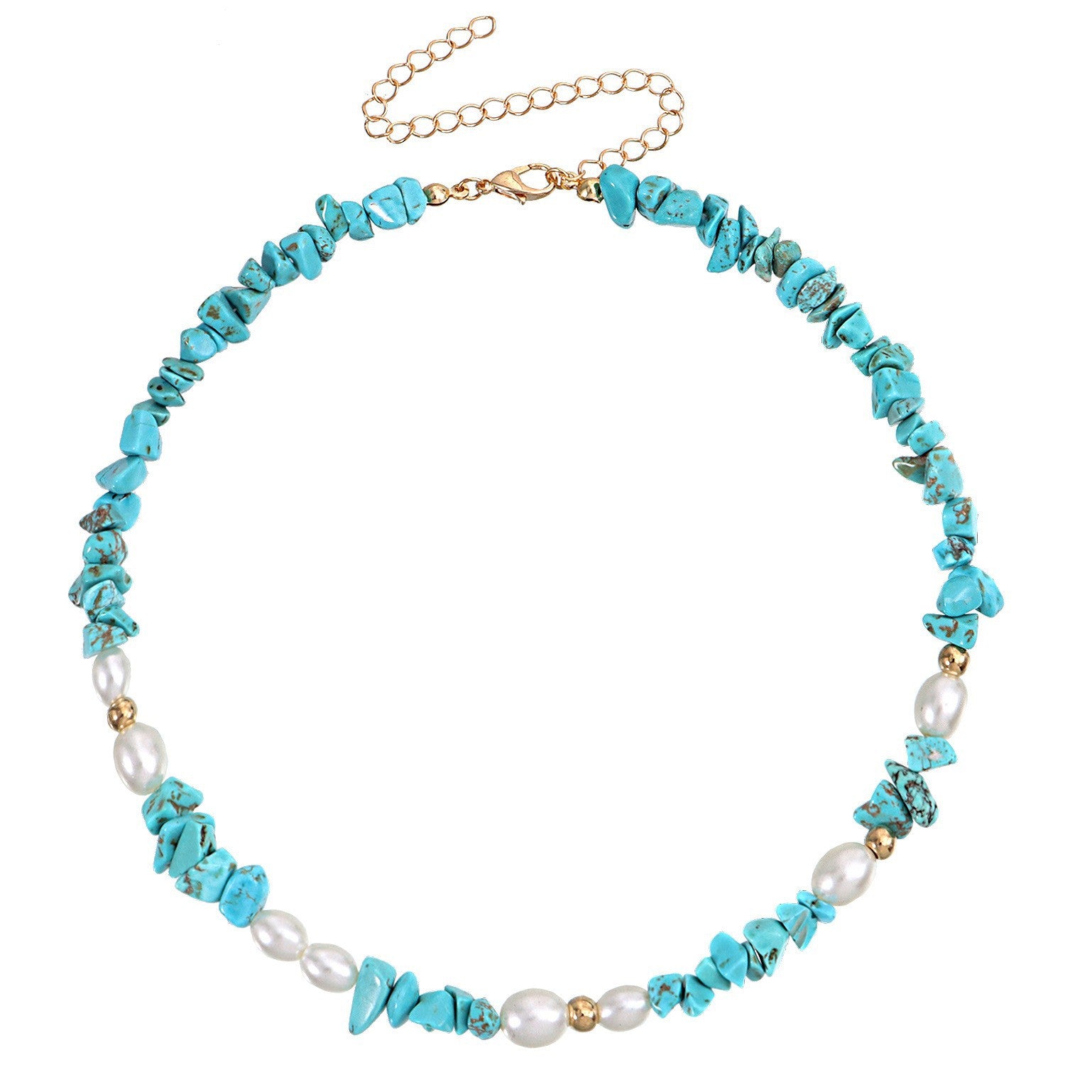 Blue Turquoise Natural Stone and Natural Pearl Necklace_N069