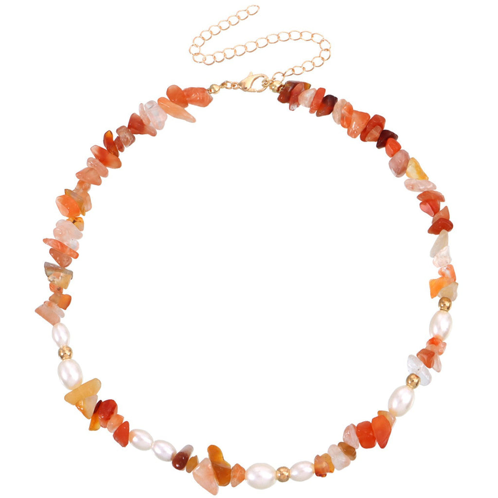 Orange Crystal Natural Stone and Natural Pearl Necklace_N068