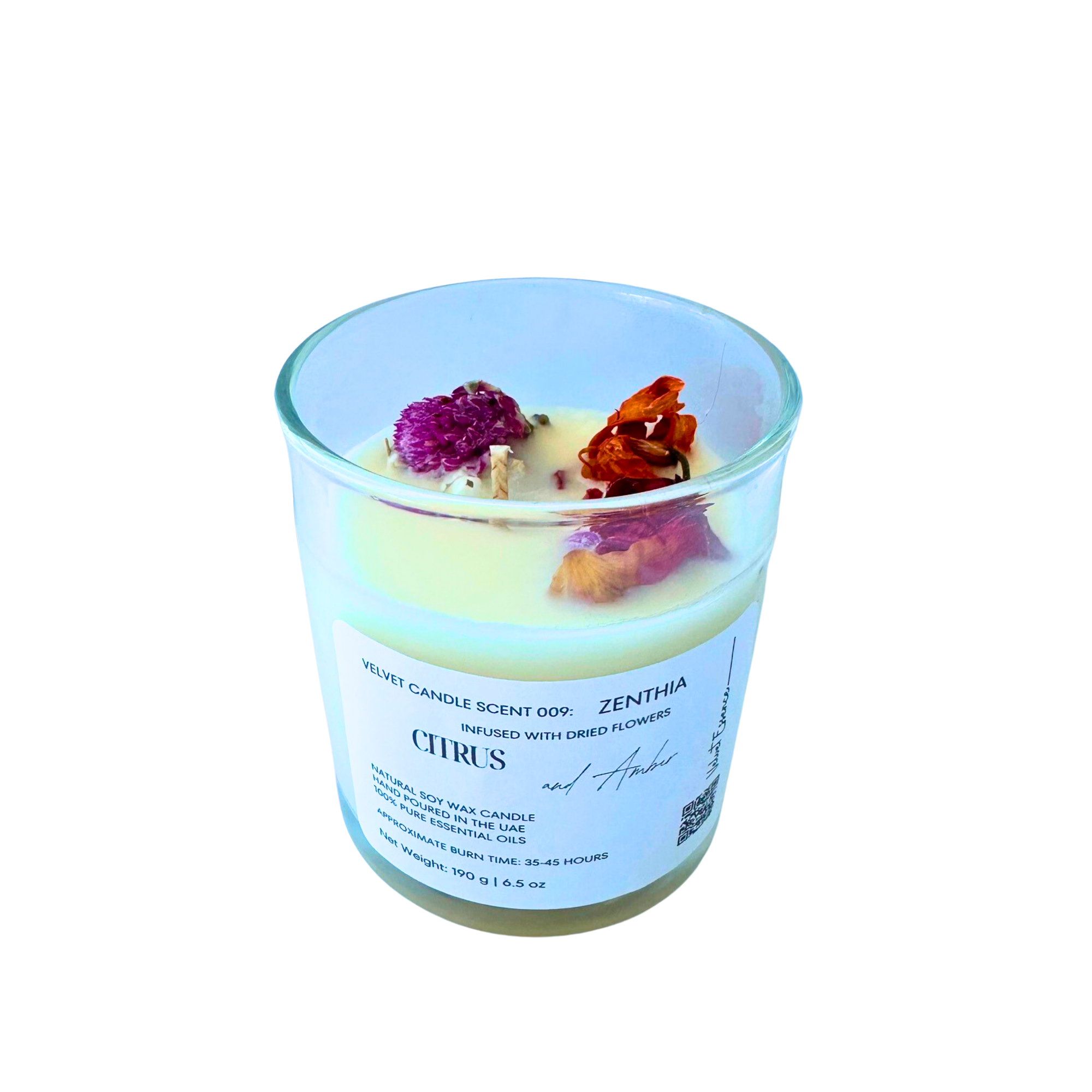 Velvet Candle 009-Zenthia-Infused with Dried Flowers: Citrus and Amber