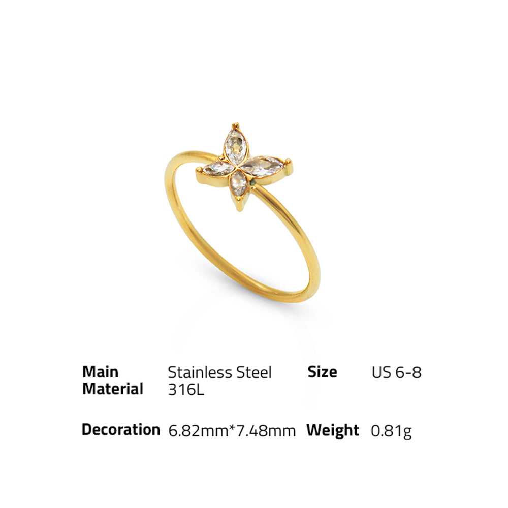 Butterfly Marquise Zircon Thin Finger Ring - 18K PVD Gold Plated 316L Stainless Steel - R069