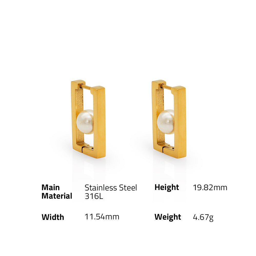 Shell Pearl Geometric Oblong Hoops Earrings - PVD 18k Gold Plated 316L Stainless Steel_E-039