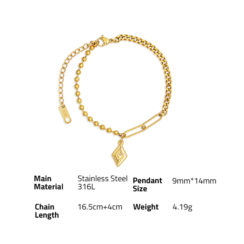 Simple Plated Bohemian Rhombus Stitching Round Bead Bracelet - PVD 18k Gold Plated 316L Stainless Steel_B001