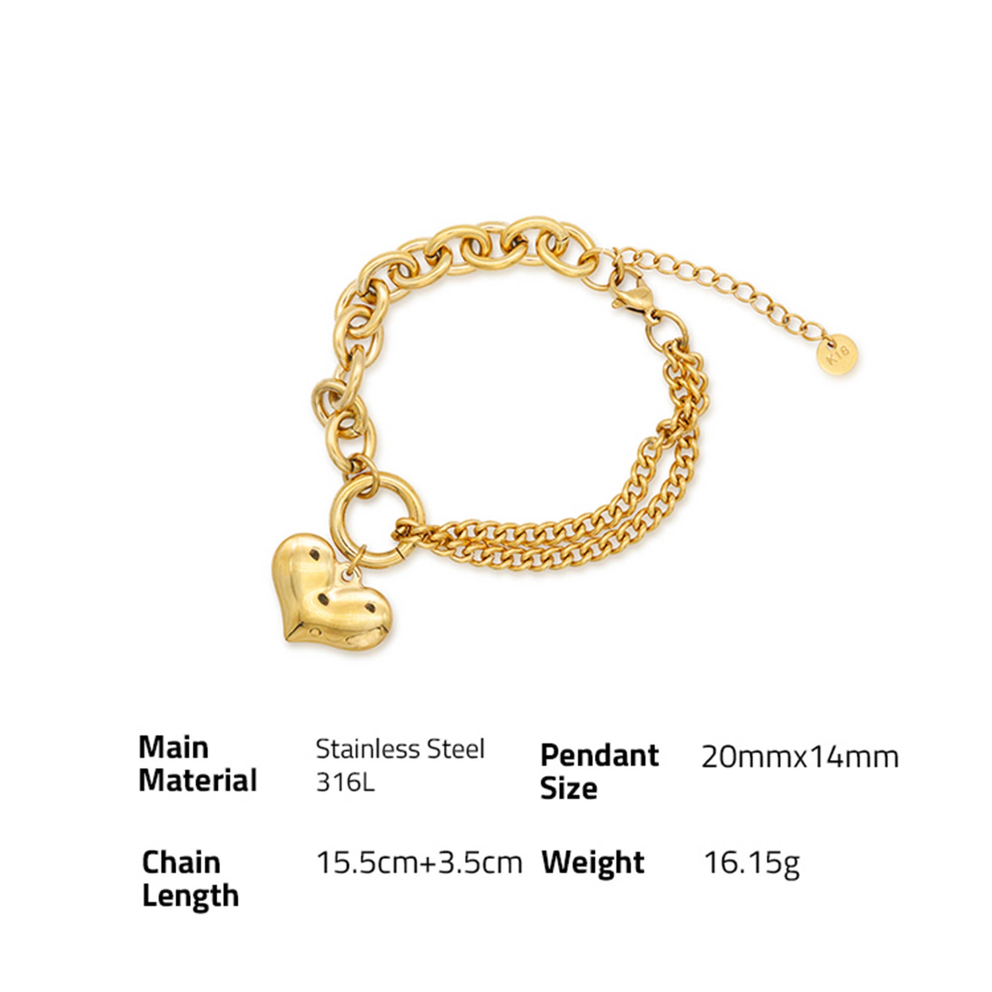 Love Almond Heart Charm Heavy Chain Bracelet - PVD 18k Gold Plated 316L Stainless Steel_029