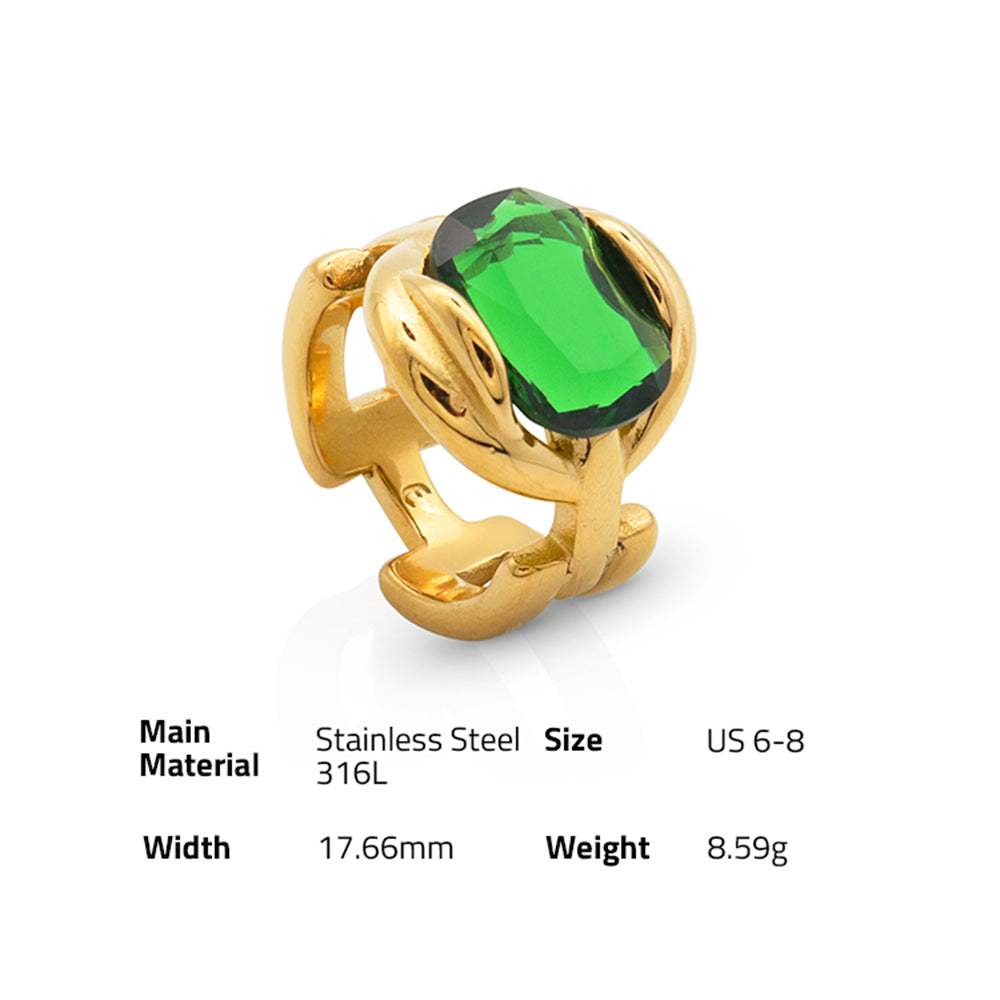 Zircon Emerald Gemstone Chain Ring - PVD 18k Gold Plated 316L Stainless_R004-R006