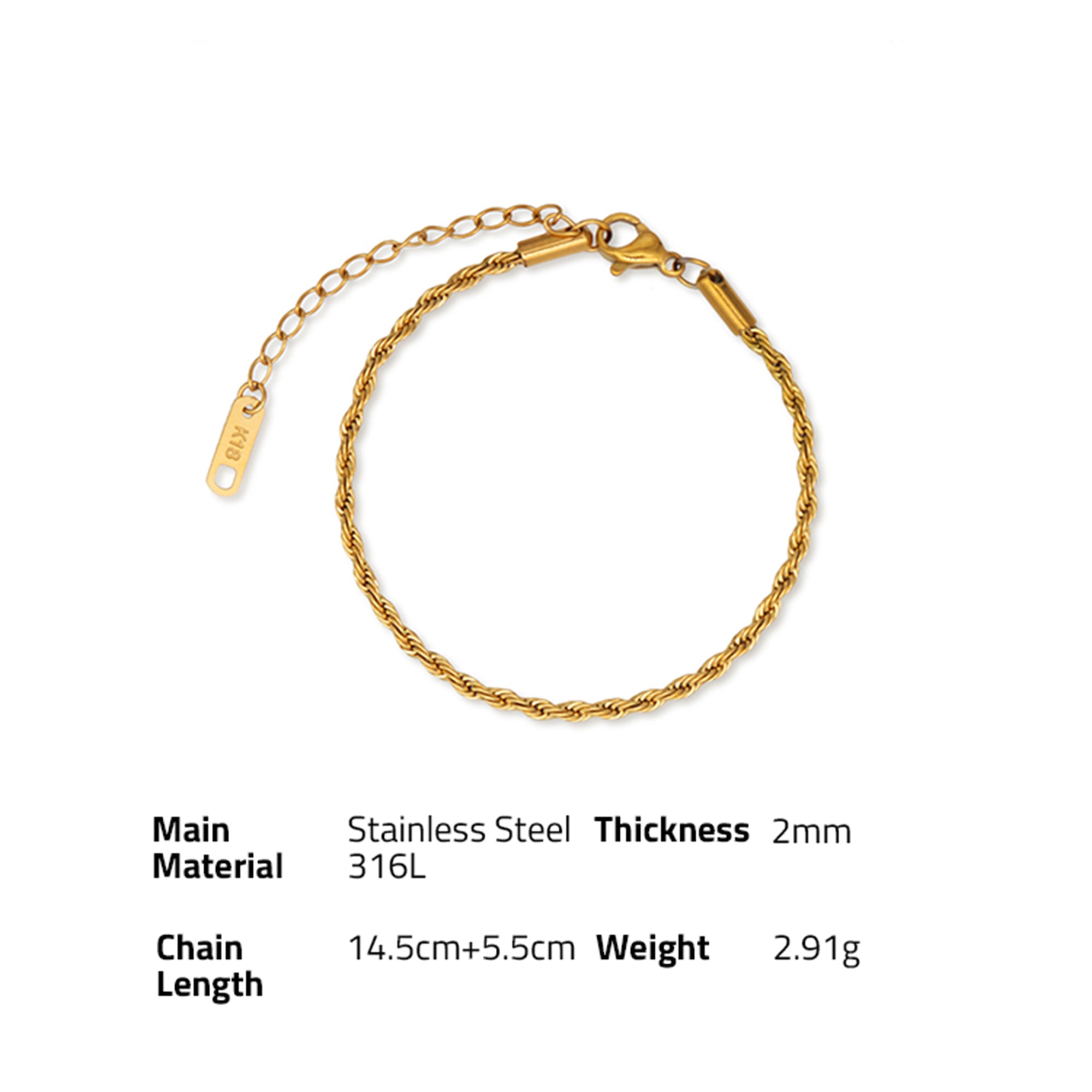 Rope Chain Bracelet- PVD18K Gold Plated 316L Stainless Steel_B049