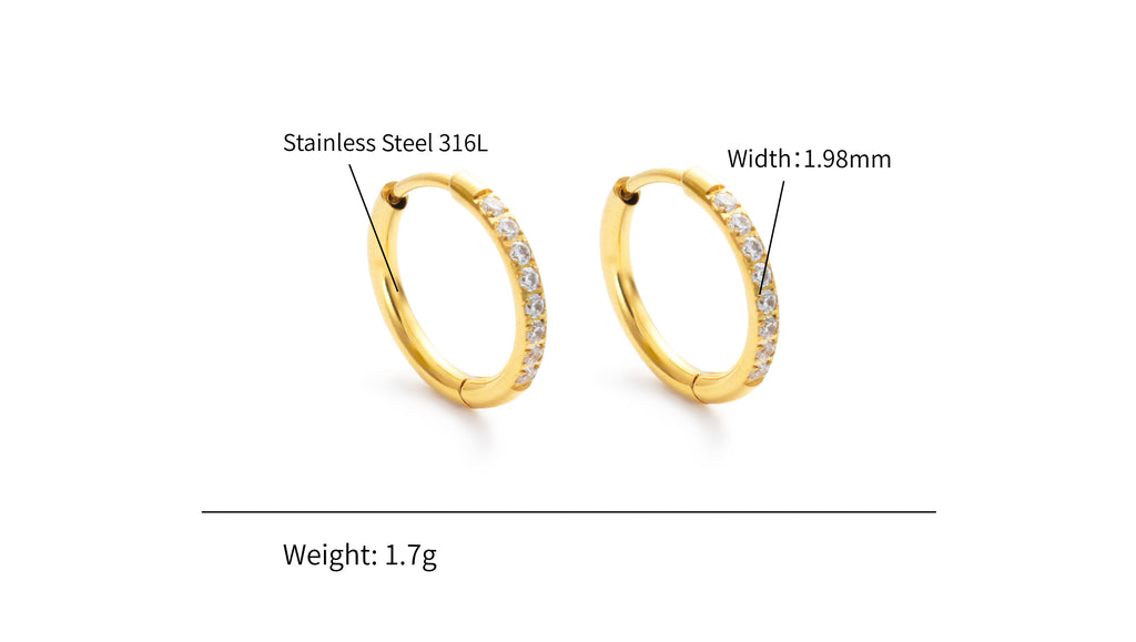 Zircons Bezel huggies Hoops Earring - PVD 18k Gold Plated 316L Stainless Steel_E017