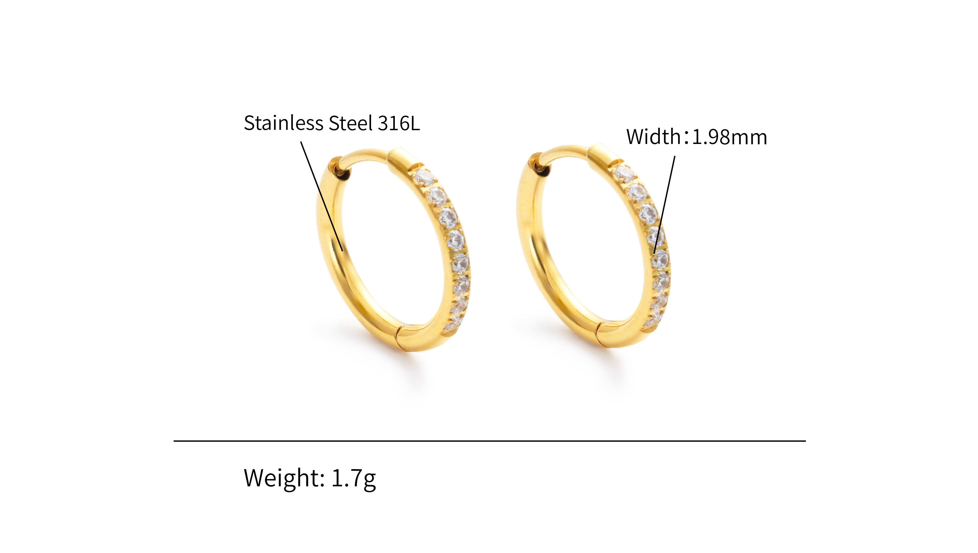 Zircons Bezel huggies Hoops Earring - PVD 18k Gold Plated 316L Stainless Steel_E017