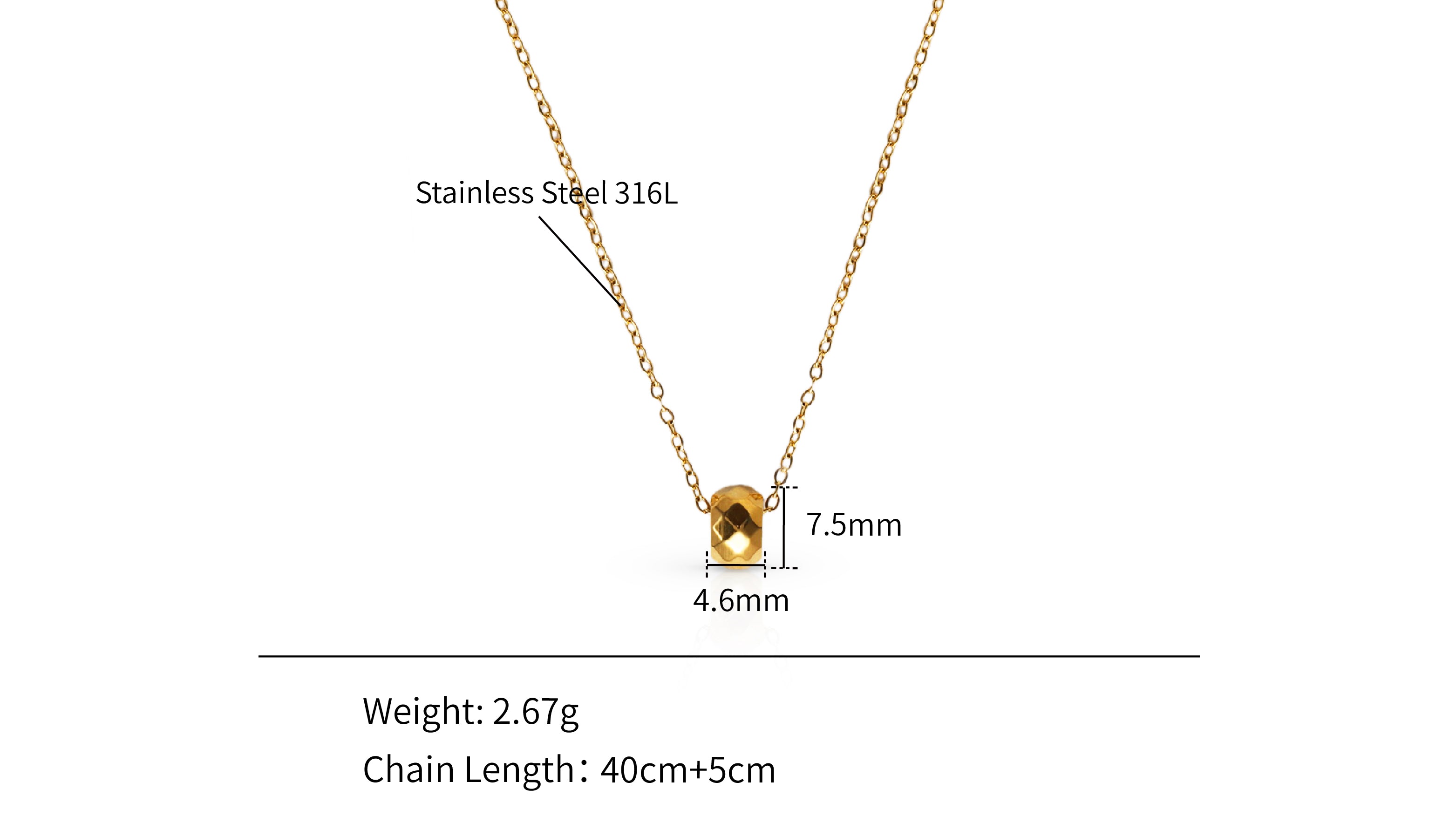 Cutting Polyhedron Bead Lucky Charm Necklace -PVD18K Gold Plated 316L Stainless Steel_N041