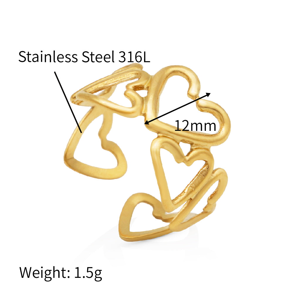 Hollow-out Band Waterproof Ring Heart Shaped Ladies Finger Gold Ring - PVD 18k Gold Plated 316L Stainless Steel_R030