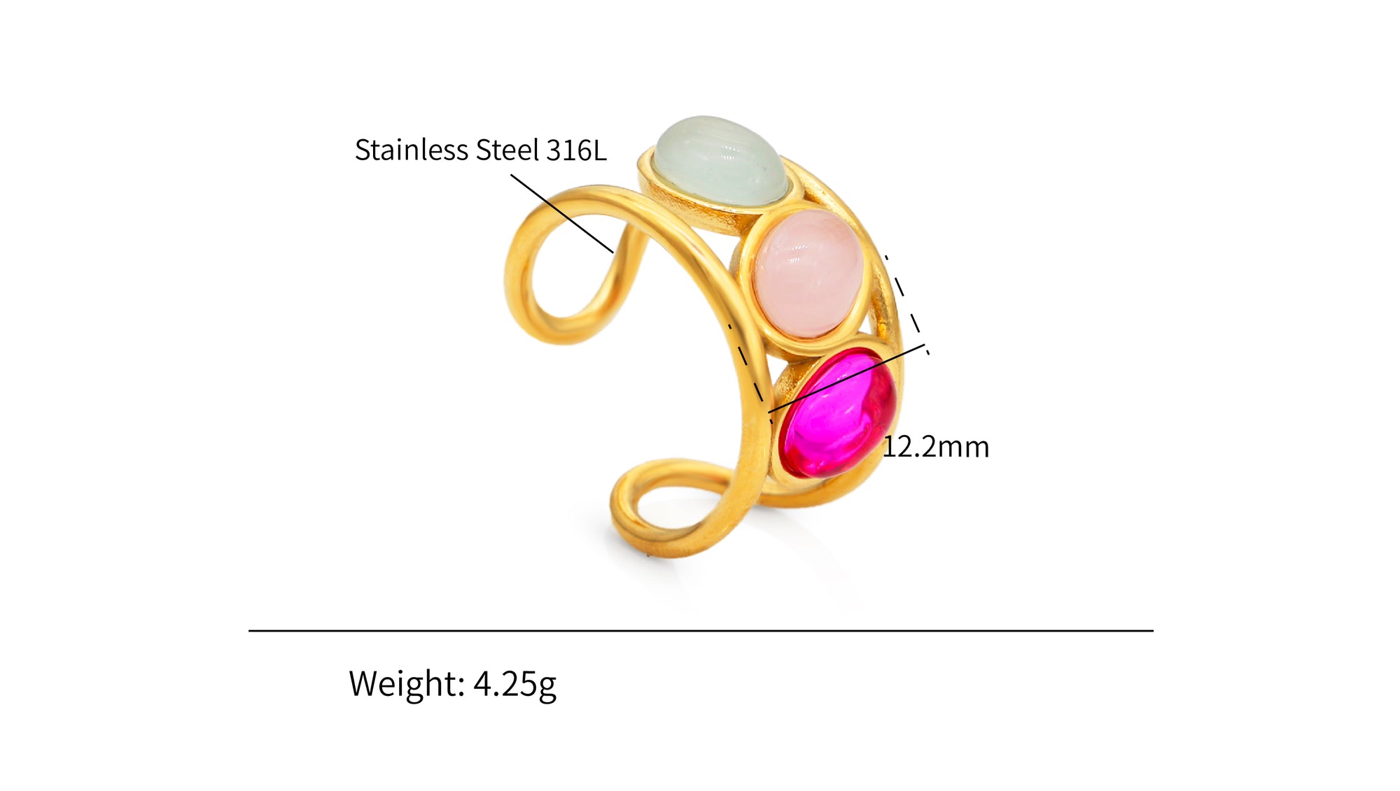 Band Ring Gold Colorful Gems Hollowed-out Chunky Rings - PVD 18k Gold Plated 316L Stainless Steel_R021