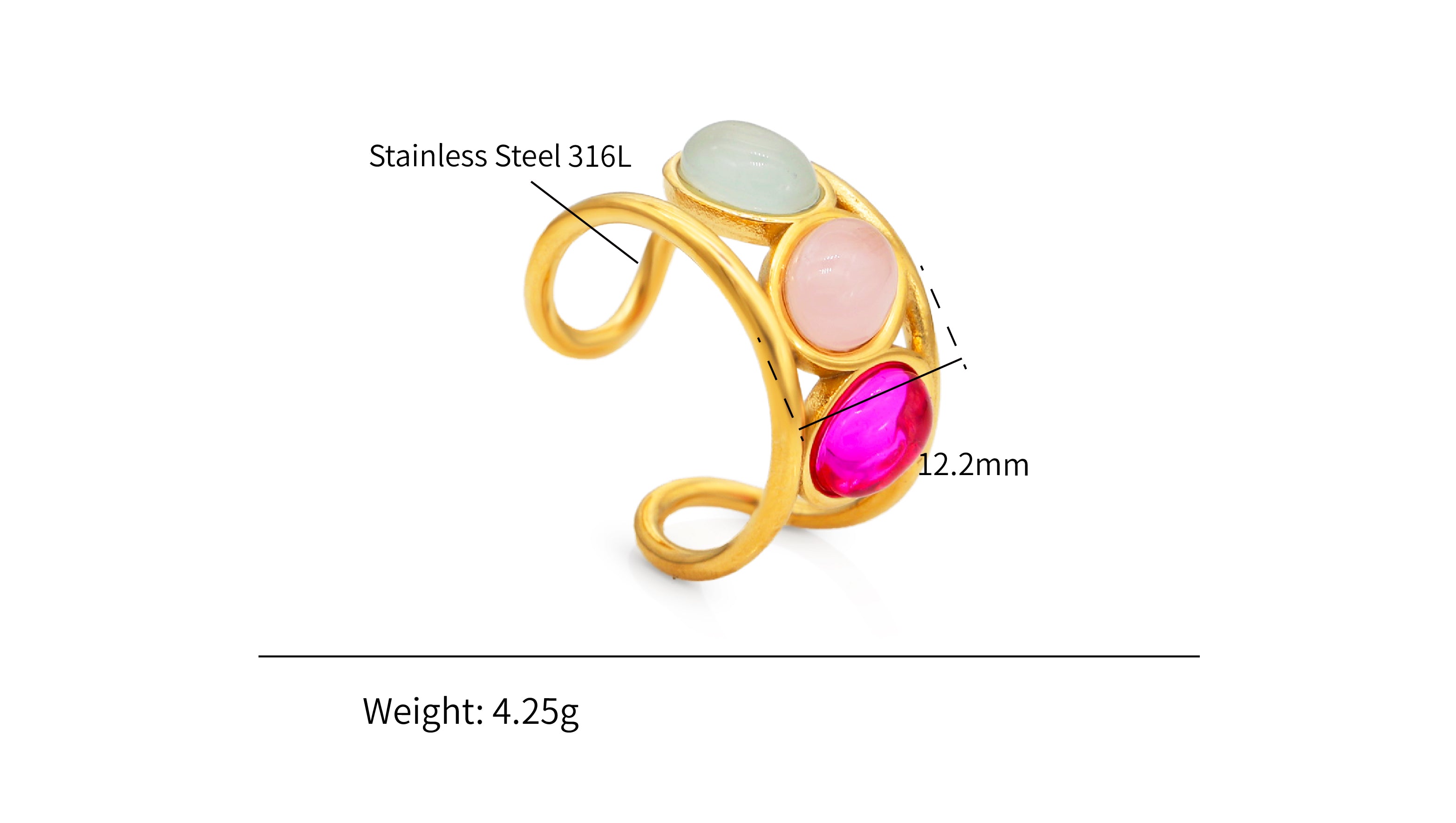 Band Ring Gold Colorful Gems Hollowed-out Chunky Rings - PVD 18k Gold Plated 316L Stainless Steel_R021