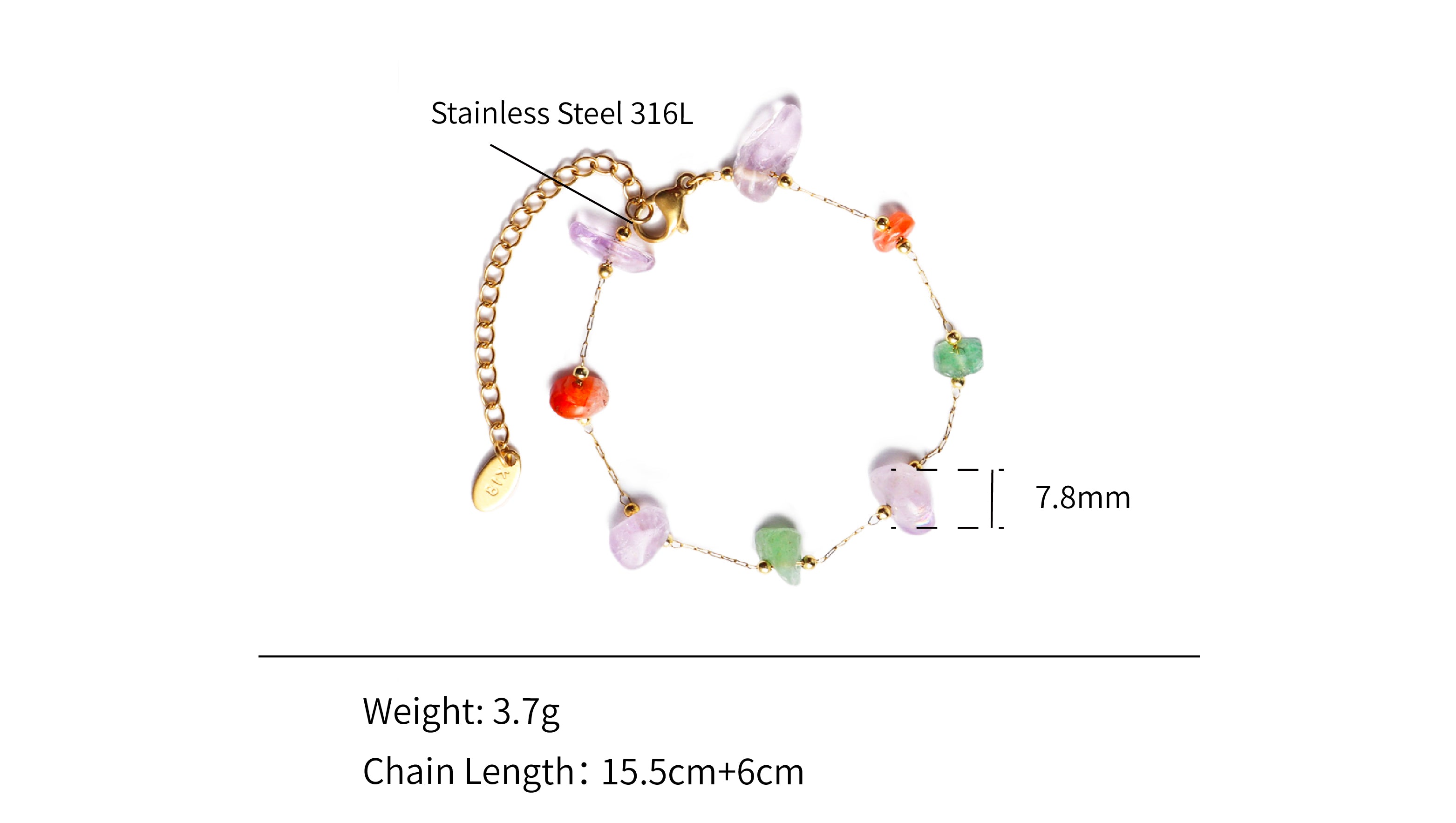 Natural Power Gemstone and Gold Gems Stones Custom Pendant Ocean Bracelet - PVD 18k Gold Plated 316L Stainless Steel_B023