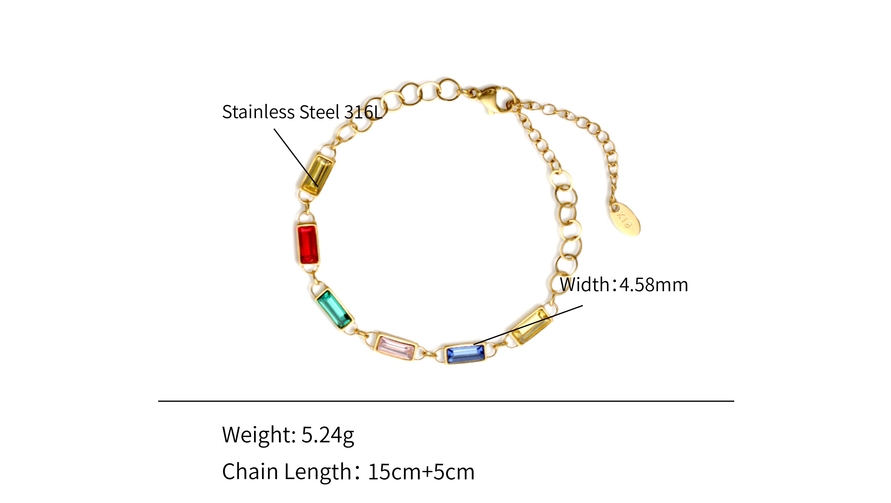 Candy Color Zircons Tennis Bracelet - PVD 18k Gold Plated 316L Stainless Steel_B012