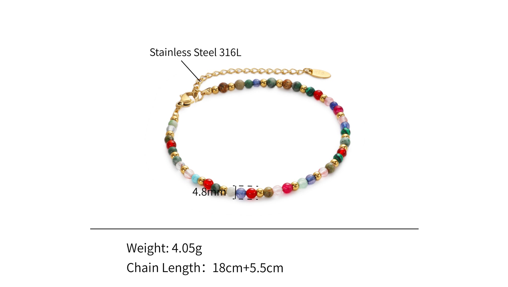 Bohemian Natural Gems Colorful Power Stones Bracelet - PVD 18k Gold Plated 316L Stainless Steel_B011