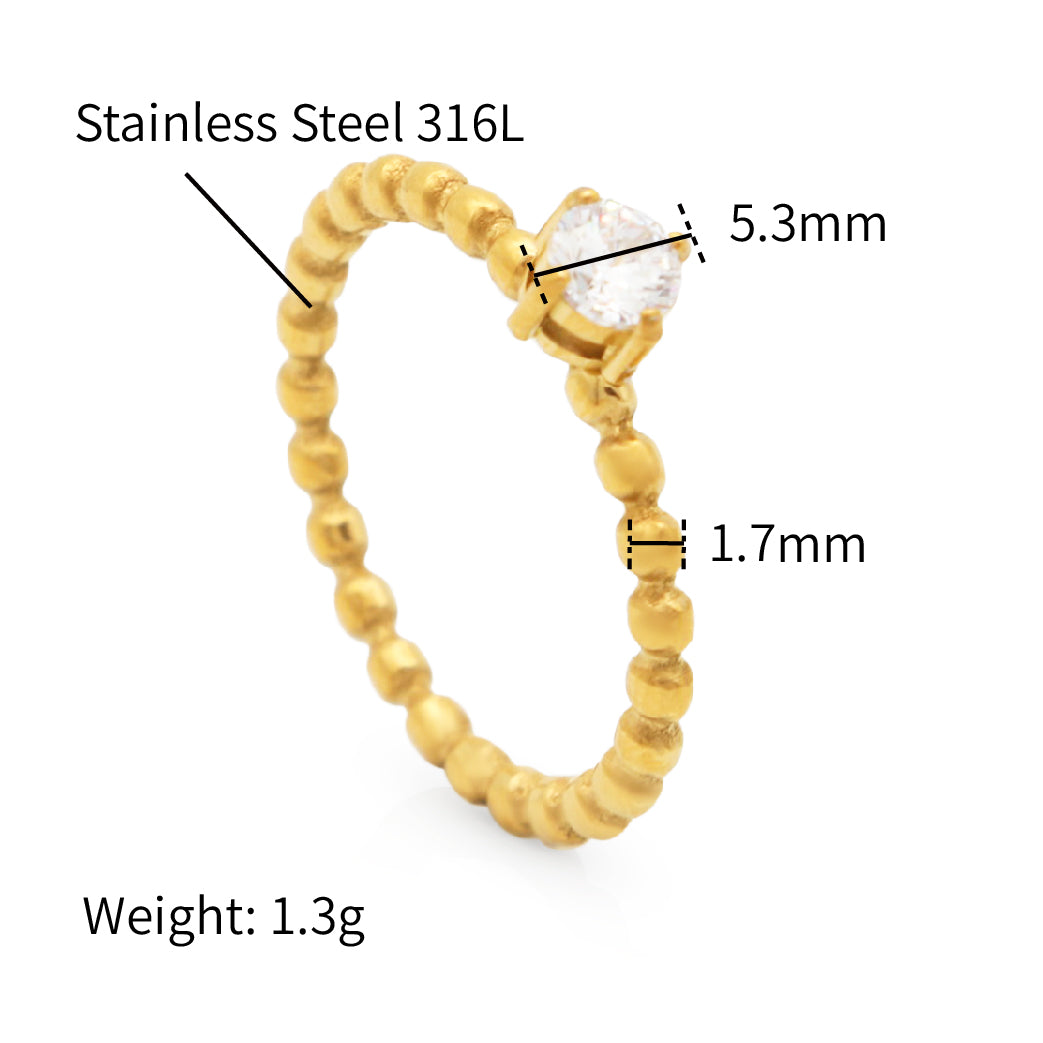 Beaded Solitaire Zircon Rings - PVD 18k Gold Plated 316L Stainless Steel_R031-R033
