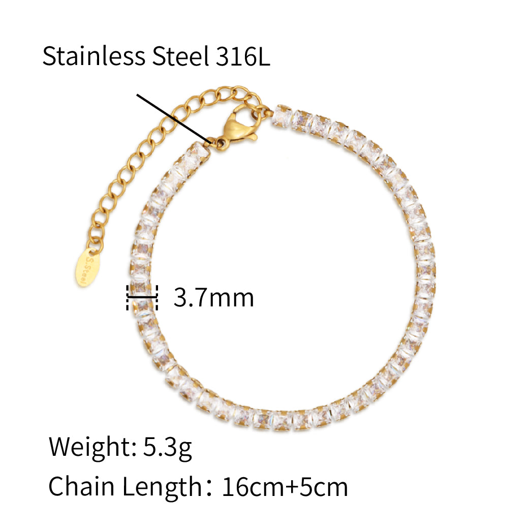 Bejeweled Princess Cut Cz Chain square Shape Zircon Tennis Bracelet - Silver 316L Stainless Steel with PVD Plating-B016