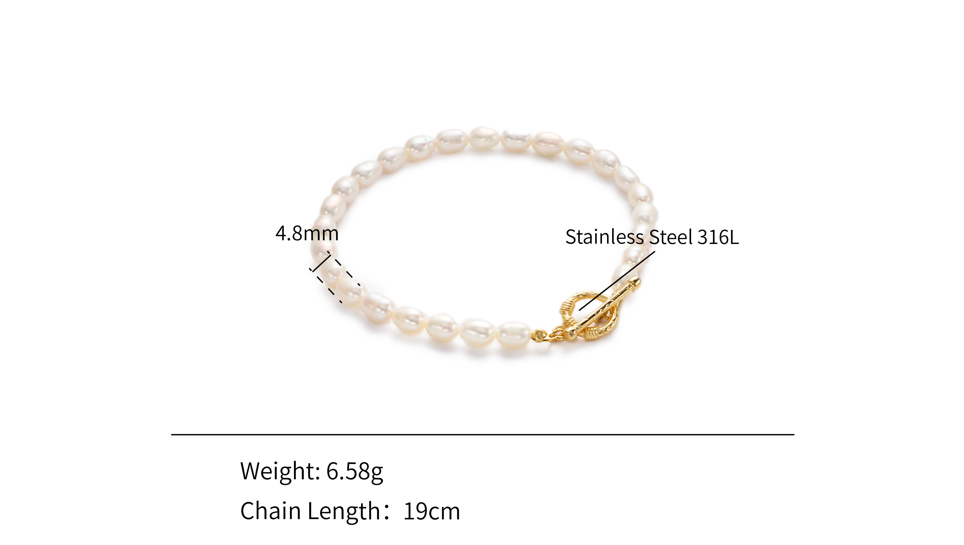 Natural Freshwater Pearl T-bar Clasp Bracelet - PVD 18k Gold Plated 316L Stainless Steel_B014